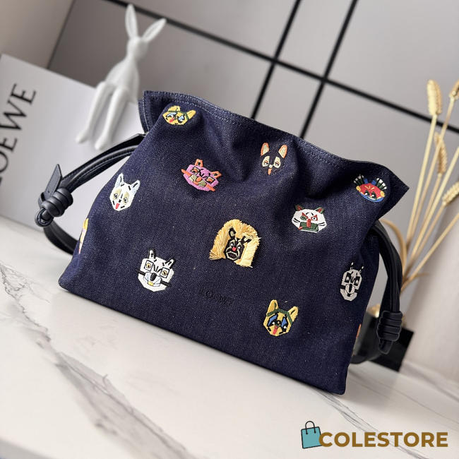 Colestore  Loewe Cats Medium Flamenco Clutch in Embroidered Denim Blue 30x24.5x10.5cm  - 1