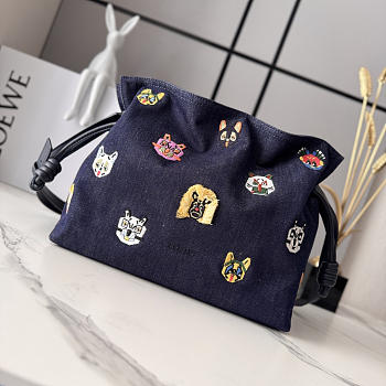 Colestore  Loewe Cats Medium Flamenco Clutch in Embroidered Denim Blue 30x24.5x10.5cm 