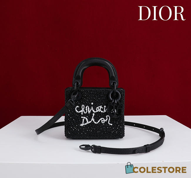 Colestore Dior Mini Lady Dior Bag with Beaded “Christian Dior” Embroidery 12x10.2x5cm - 1