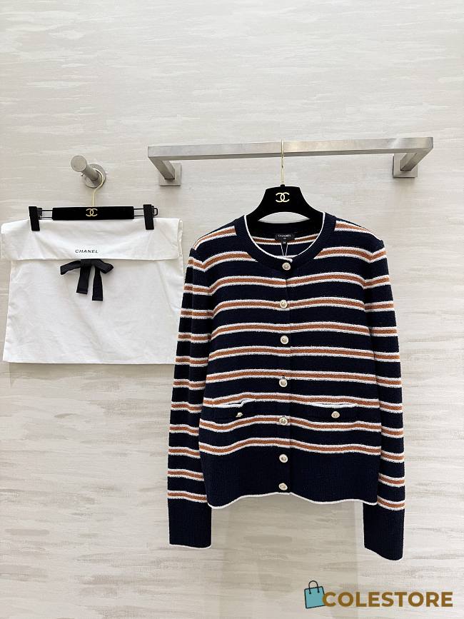 Colestore Chanel Striped Cashmere & Wool Cardigan – Navy, White, Brown - 1