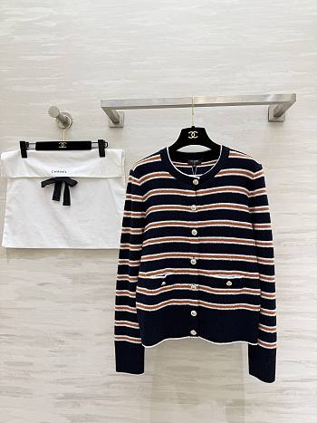 Colestore Chanel Striped Cashmere & Wool Cardigan – Navy, White, Brown