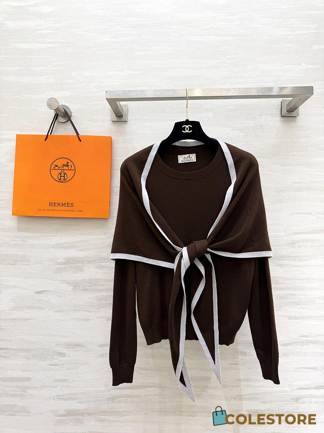 Colestore Hermes Cashmere Knit Sweater with Attached Shawl – Brown / Ecru - 1