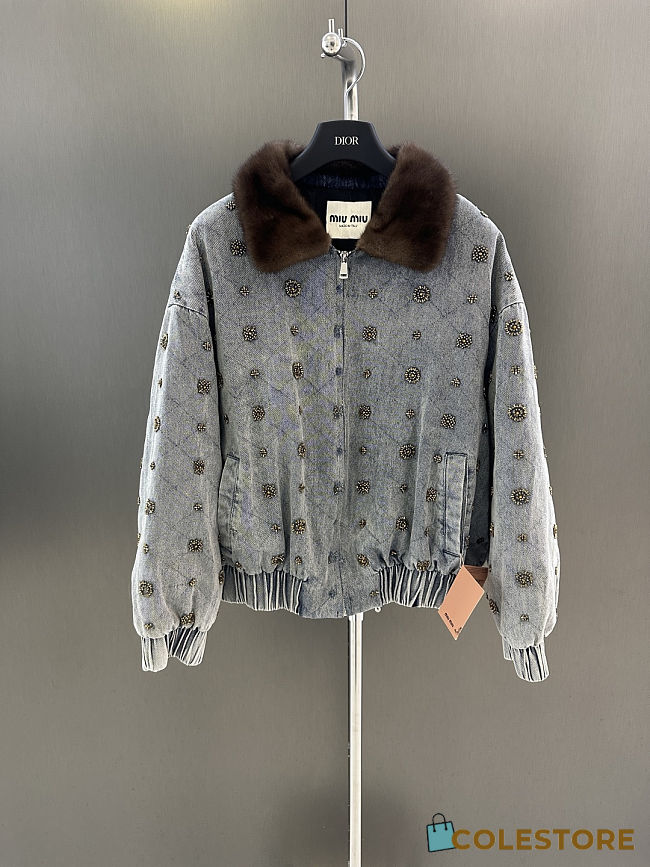 Colestore Miu Miu Embellished Denim Bomber Jacket with Fur Collar - 1
