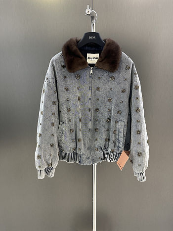Colestore Miu Miu Embellished Denim Bomber Jacket with Fur Collar