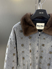 Colestore Miu Miu Embellished Denim Bomber Jacket with Fur Collar - 2