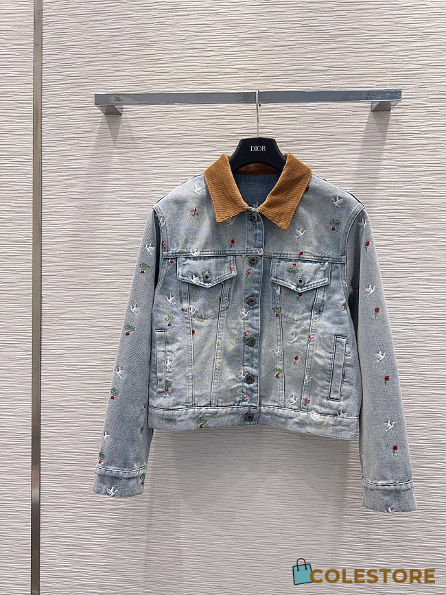 Colestore  Dior Dioramour Embroidered Jacket Light Blue Cotton Denim with Multicolor Doves & Roses Motif - 1