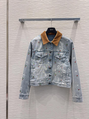 Colestore  Dior Dioramour Embroidered Jacket Light Blue Cotton Denim with Multicolor Doves & Roses Motif