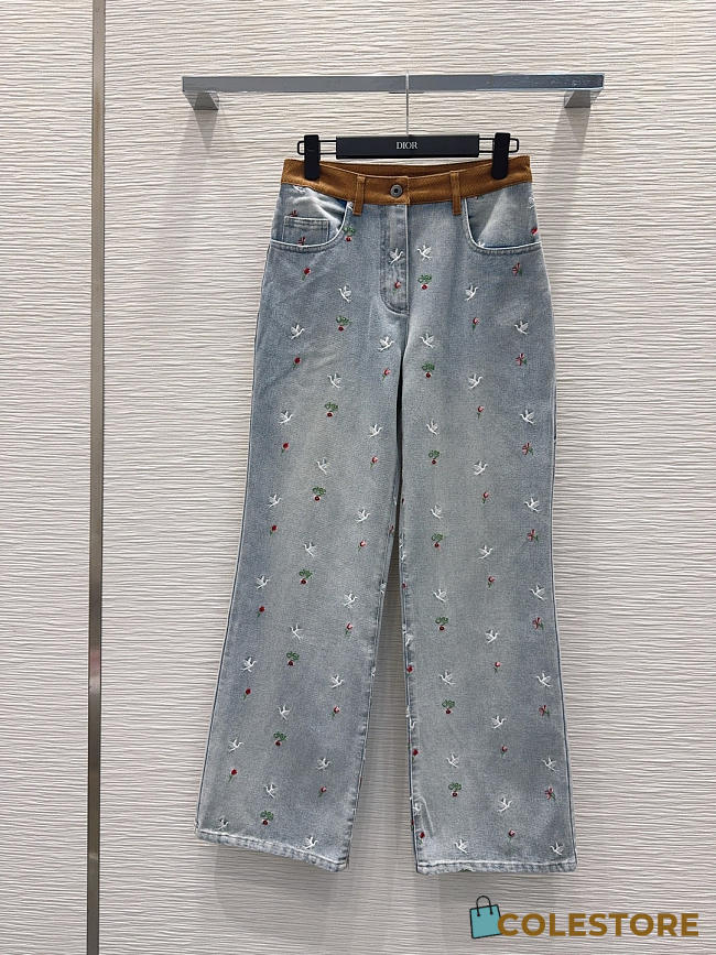 Colestore Dioramour Embroidered Jean Light Blue Cotton Denim with Multicolor Doves & Roses Motif - 1