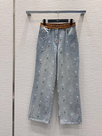 Colestore Dioramour Embroidered Jean Light Blue Cotton Denim with Multicolor Doves & Roses Motif