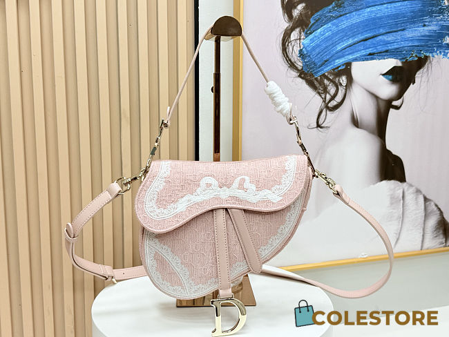 Colestore Dior Saddle Bag with Strap Rose Soupir Dior Oblique Jacquard and White Lace 24×16×18cm - 1