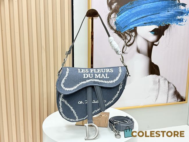 Colestore Diorr Saddle Bag with Strap Blue and White Book Cover Embroidery 25.5 x 20 x 6.5 cm - 1