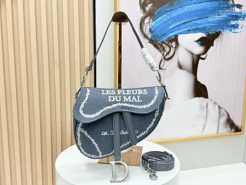 Colestore Diorr Saddle Bag with Strap Blue and White Book Cover Embroidery 25.5 x 20 x 6.5 cm