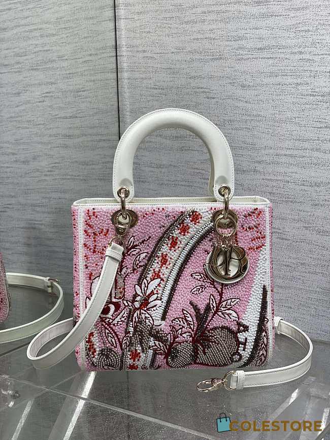 Colestore Dior Lady Dior My ABCDior Bag with Pink Floral Bead Embroidery 24cm - 1