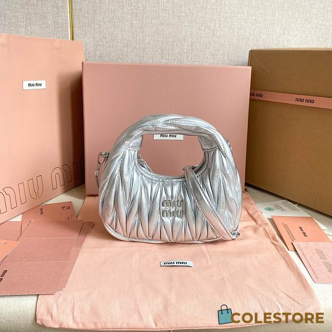 Colestore  Miu Miu Silver Wander Matelassé Nappa Leather Hobo Mini 18x14x6cm - 1