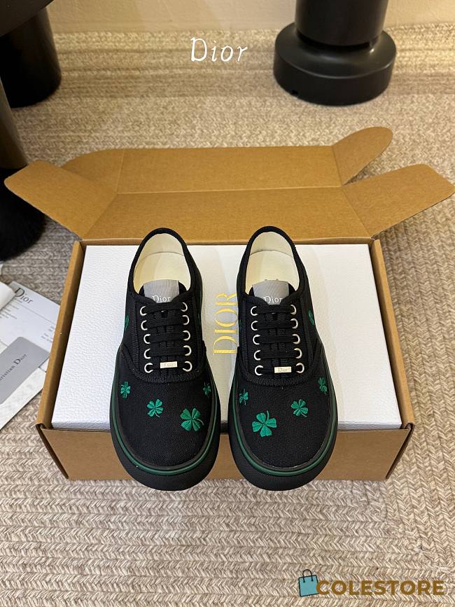 Colestore Dior Saltwind Sneaker Black Cotton Embroidered with Bright Green Dior Clover Motif - 1