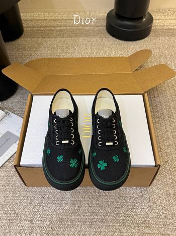 Colestore Dior Saltwind Sneaker Black Cotton Embroidered with Bright Green Dior Clover Motif
