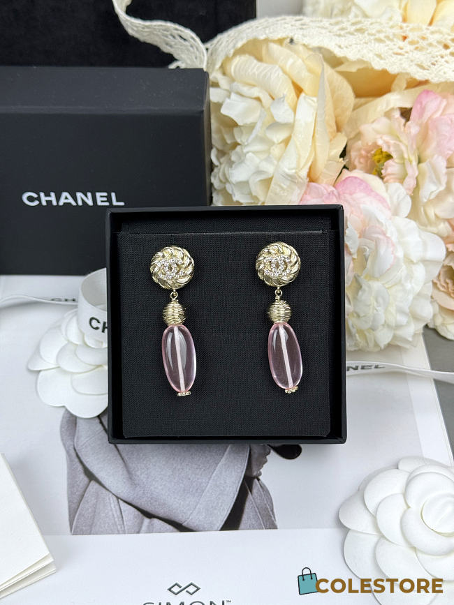 Colestore Chanel Stud Earrings Glass & Stone Beads  Gold, Pink & Transparent - 1