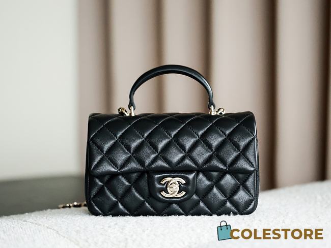 Colestore Chanel Classic Mini Top Handle Bag in Lambskin & Gold-Tone Metal, Black 20x13x9cm - 1