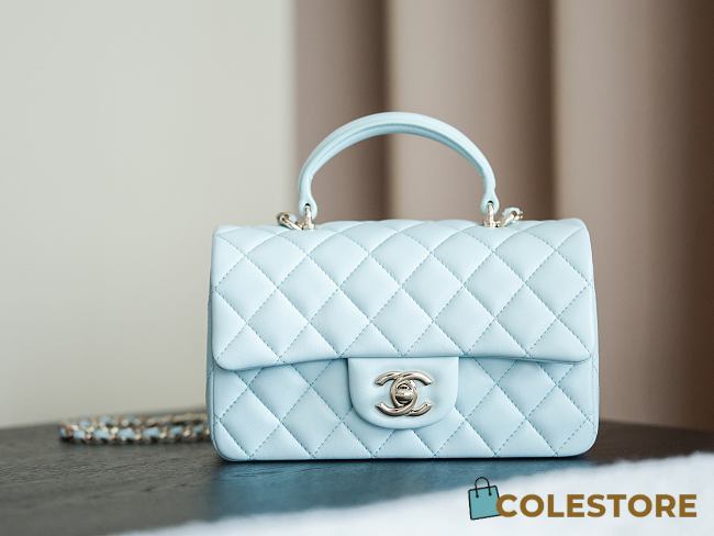 Colestore Chanel Classic Mini Top Handle Bag in Lambskin & Gold-Tone Metal, Light Blue 20x13x9cm - 1