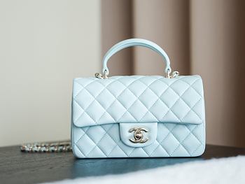 Colestore Chanel Classic Mini Top Handle Bag in Lambskin & Gold-Tone Metal, Light Blue 20x13x9cm
