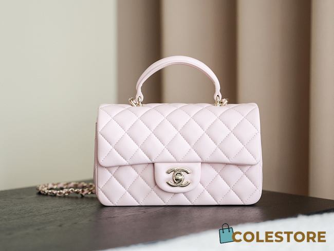 Colestore Chanel Classic Mini Top Handle Bag in Lambskin & Gold-Tone Metal, Light Pink 20x13x9cm - 1