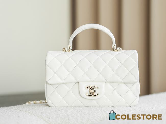 Colestore Chanel Classic Mini Top Handle Bag in Lambskin & Gold-Tone Metal, White 20x13x9cm - 1