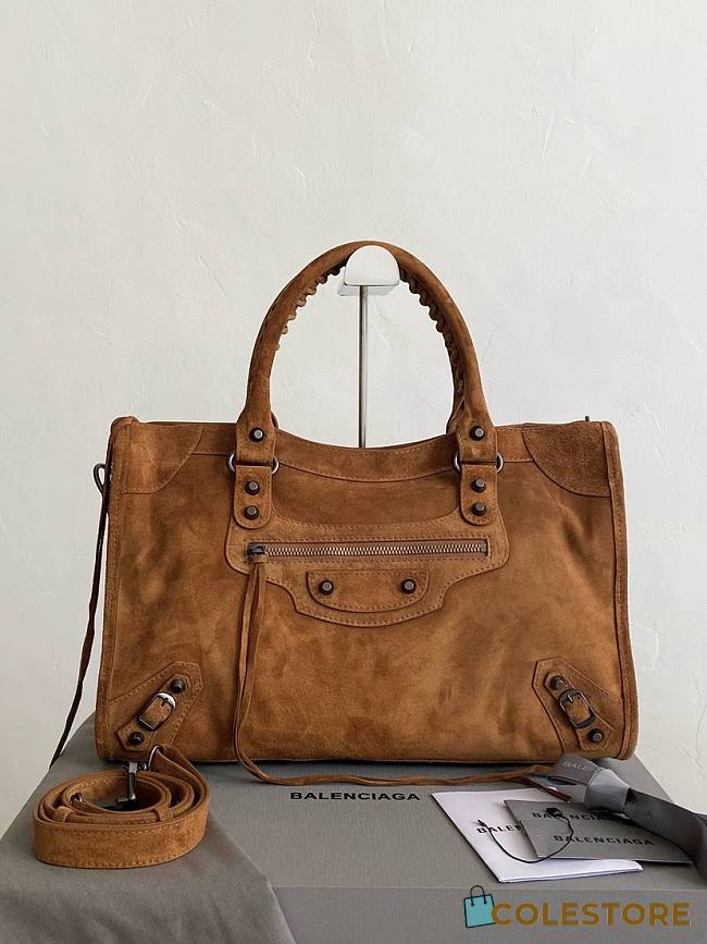Colestore Balenciaga Women's Le City Bag Medium in Camel Suede Calfskin, Brass Hardware 38.5×24×13.5cm - 1