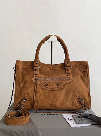 Colestore Balenciaga Women's Le City Bag Medium in Camel Suede Calfskin, Brass Hardware 38.5×24×13.5cm