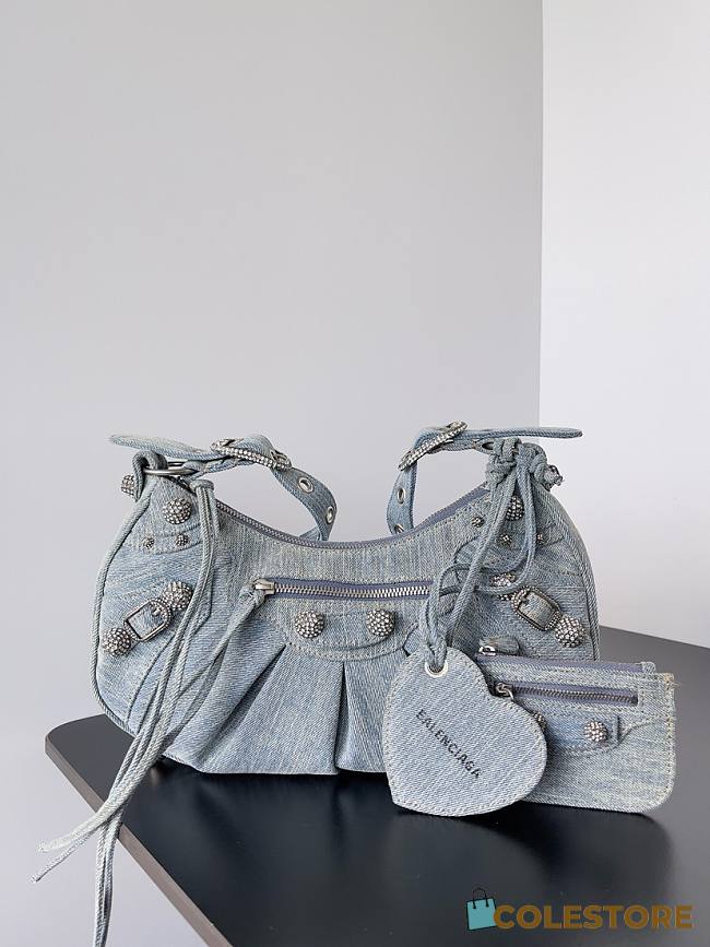 Colestore Balenciaga Women's Le Cagole Shoulder Bag Small With Rhinestones in Blue Washed and Frayed Denim 33x16x8.4cm - 1