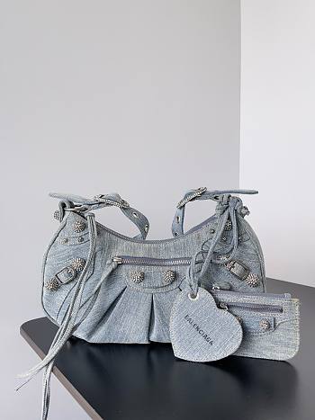 Colestore Balenciaga Women's Le Cagole Shoulder Bag Small With Rhinestones in Blue Washed and Frayed Denim 33x16x8.4cm