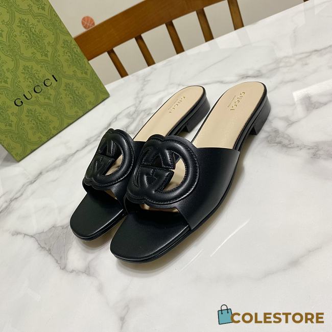 Colestore Gucci Slide Sandal with Interlocking G Black Leather - 1