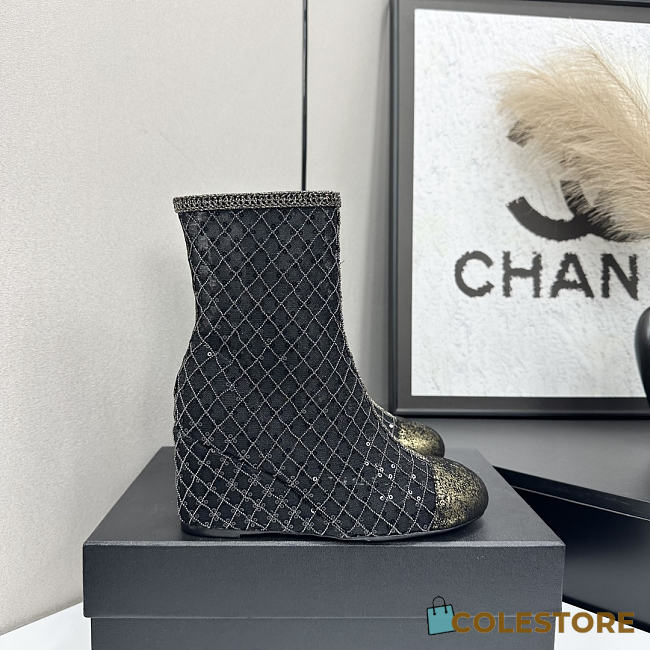 Colestore Chanel Quilted Sequin Knit Ankle Boots With Gold Cap Toe Black - 1