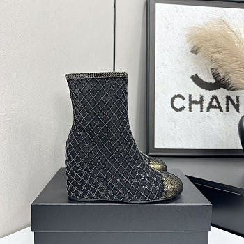 Colestore Chanel Quilted Sequin Knit Ankle Boots With Gold Cap Toe Black