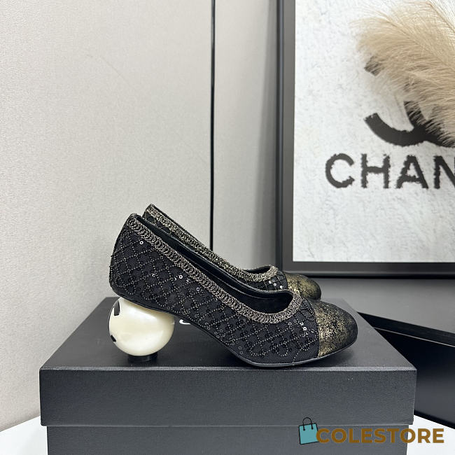 Colestore Chanel Embellished Mesh Pumps With Signature Pearl Heel Black/Gold - 1
