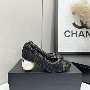 Colestore Chanel Embellished Mesh Pumps With Signature Pearl Heel Black/Gold