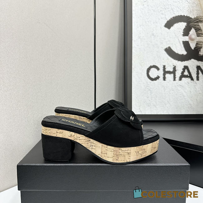 Colestore Chanel Camellia Platform Slide Sandals With Cork Wedge Black - 1