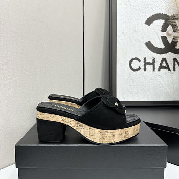 Colestore Chanel Camellia Platform Slide Sandals With Cork Wedge Black