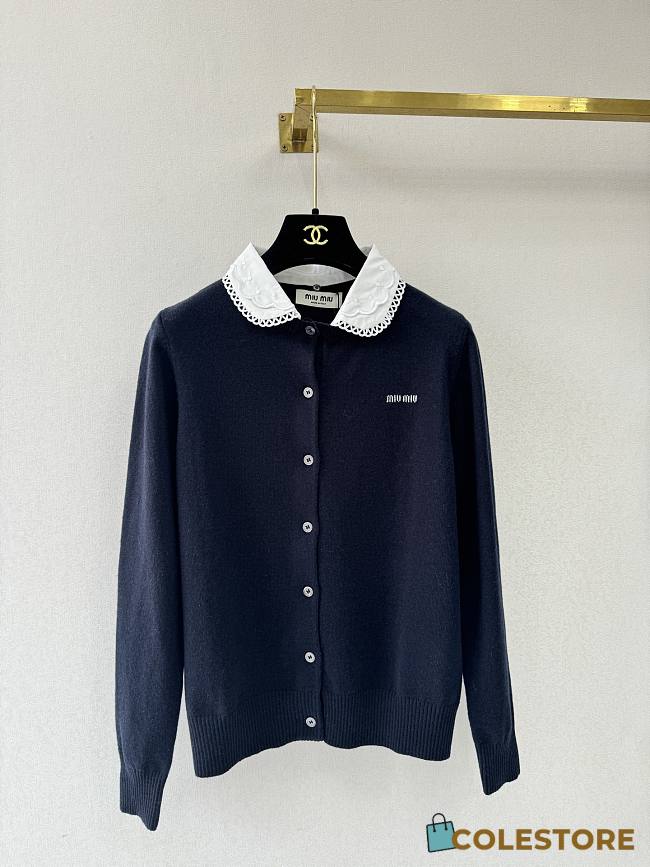 Colestore  Miu Miu Navy Cashmere Cardigan With Embroidered Poplin collar - 1