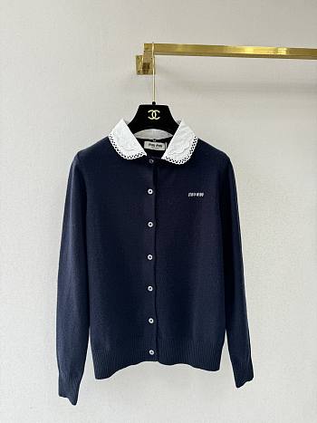 Colestore  Miu Miu Navy Cashmere Cardigan With Embroidered Poplin collar