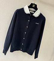 Colestore  Miu Miu Navy Cashmere Cardigan With Embroidered Poplin collar - 4