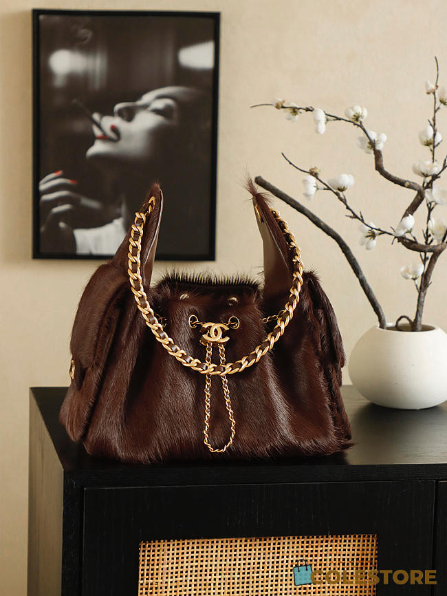 Colestore Chanel 25 Small Handbag Faux Fur Drawstring Shoulder Bag With CC Chain Brown 30x26x14cm - 1