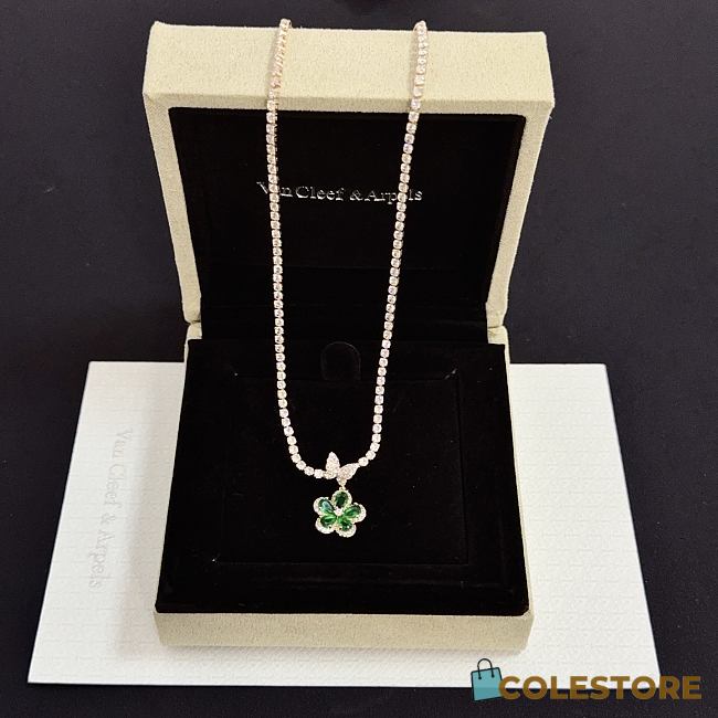 Colestore Van Cleef & Arpels Diamond Tennis Necklace With Alhambra Clover Pendant – Green Malachite - 1