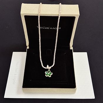 Colestore Van Cleef & Arpels Diamond Tennis Necklace With Alhambra Clover Pendant – Green Malachite