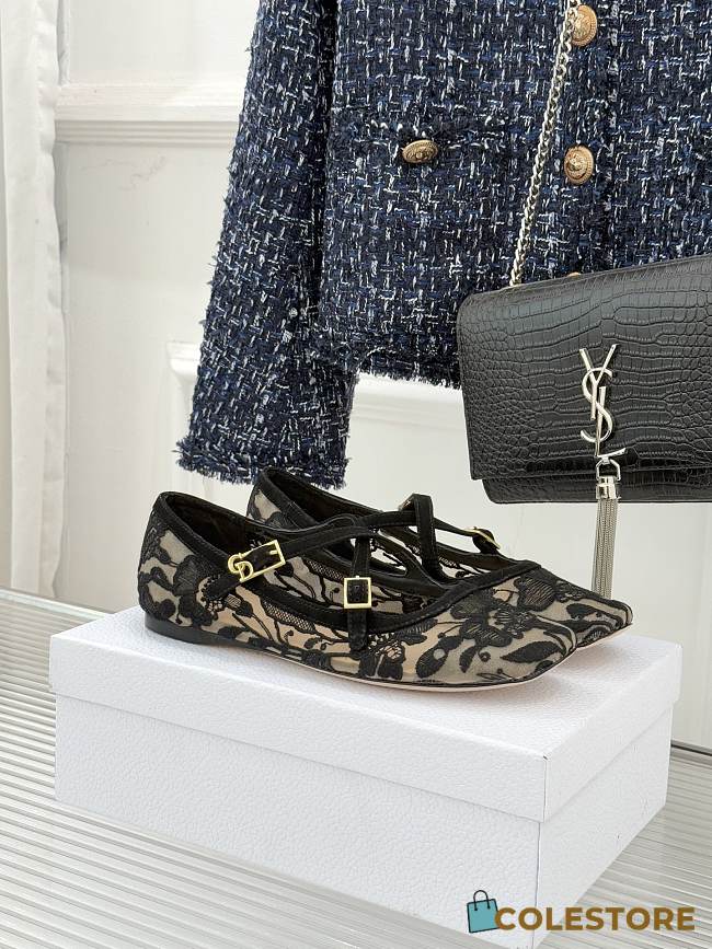 Colestore Dior Very Dior Ballet Flat Transparent Mesh Embroidered with Black Millefiori Motif - 1