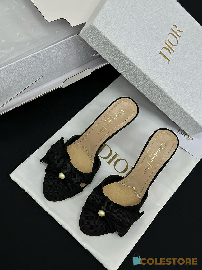 Colestore Dior Adiorable Heeled Mule Black Fringed Laminated Grosgrain - 1