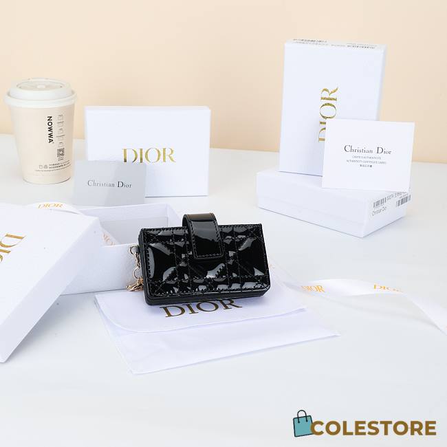 Colestore Dior Lady Dior Jasmine Card Holder Cannage Patent Calfskin Black 10.4×7×2cm - 1