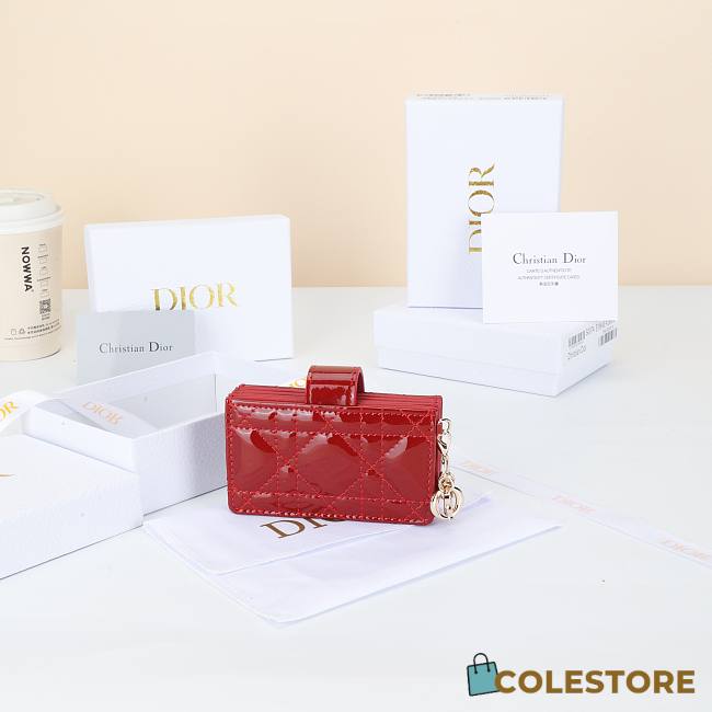 Colestore Dior Lady Dior Jasmine Card Holder Cannage Patent Calfskin Red 10.4×7×2cm - 1