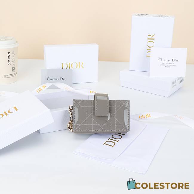 Colestore Dior Lady Dior Jasmine Card Holder Cannage Patent Calfskin Grey 10.4×7×2cm - 1