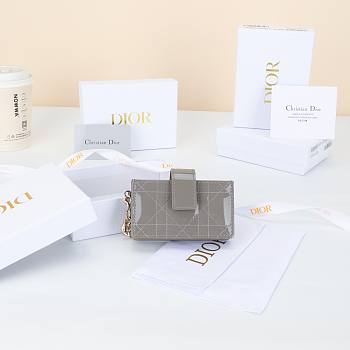 Colestore Dior Lady Dior Jasmine Card Holder Cannage Patent Calfskin Grey 10.4×7×2cm