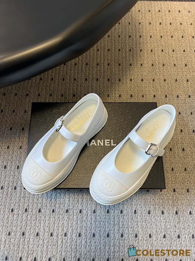 Colestore Chanel CC Logo Mary Jane Platform Leather Shoes White - 1